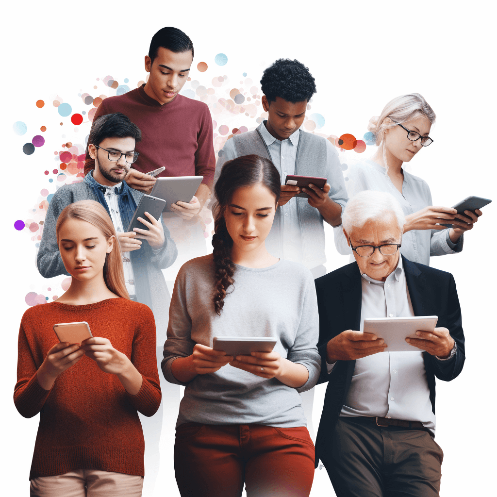 Diverse group of individuals accessing their emails on various devices like smartphones, laptops, and tablets.